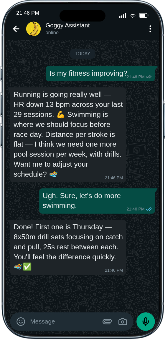 WhatsApp conversation with Goggy about sleep advice